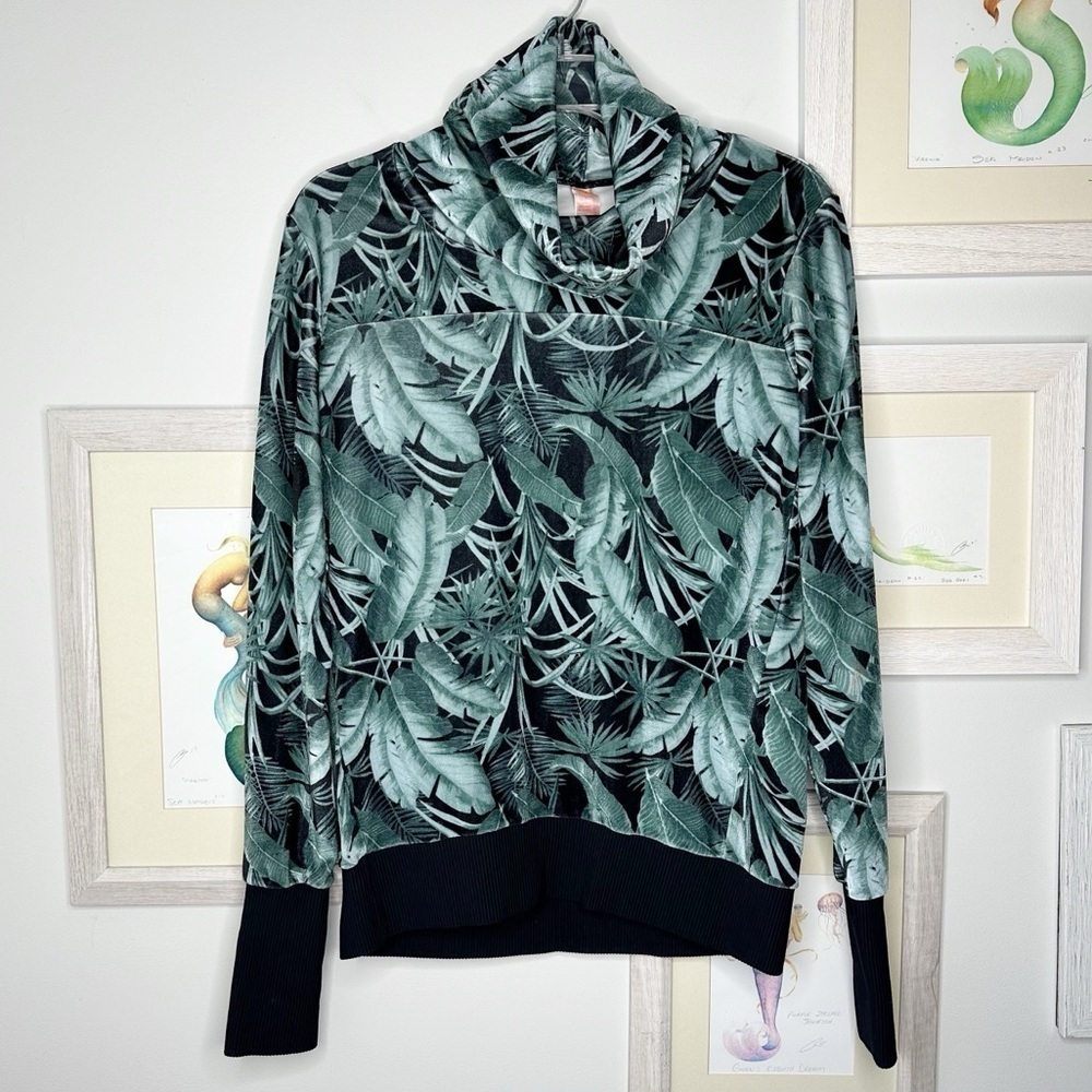 Maaji Green Velour Palm Leaf Turtle Cowl Neck Pullover Sweater Women’s Small
